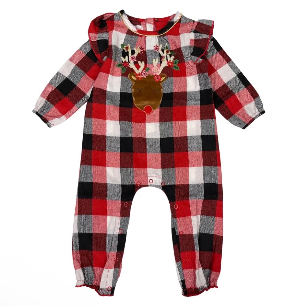 NEW! MUD PIE Buffalo Check Reindeer Baby Bodysuit Black Red White Size 3-6M